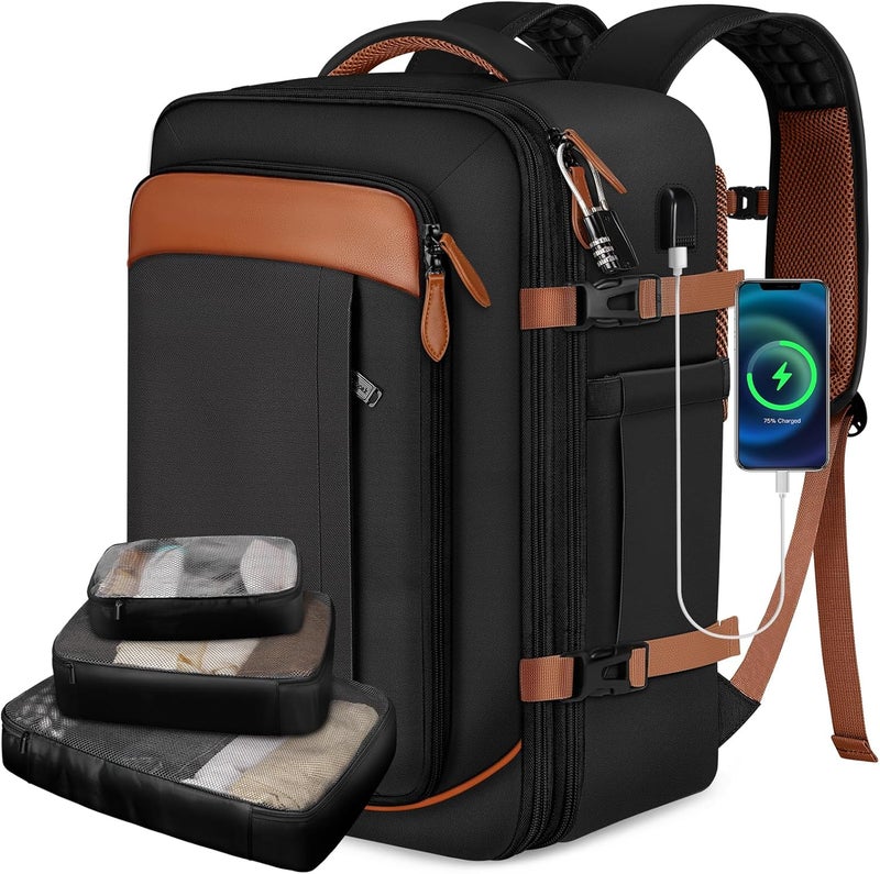 Vancropak 40L Travel Backpack for Women & Men, Large Expandable Carry on Backpack for Airplanes with 3 Packing Cubes, Airline Approved Water Resistant Anti Theft Travel Bag fit 17" Laptop, Black Brown - Image 1